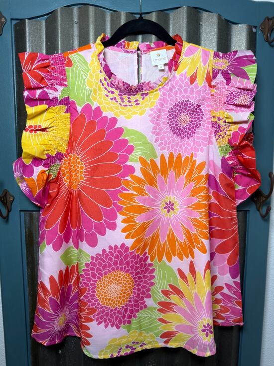 j. marie Tops - J. Marie Leilani Floral Ruffle Sleeve Top Women M Smocked Blouse Pink Summer